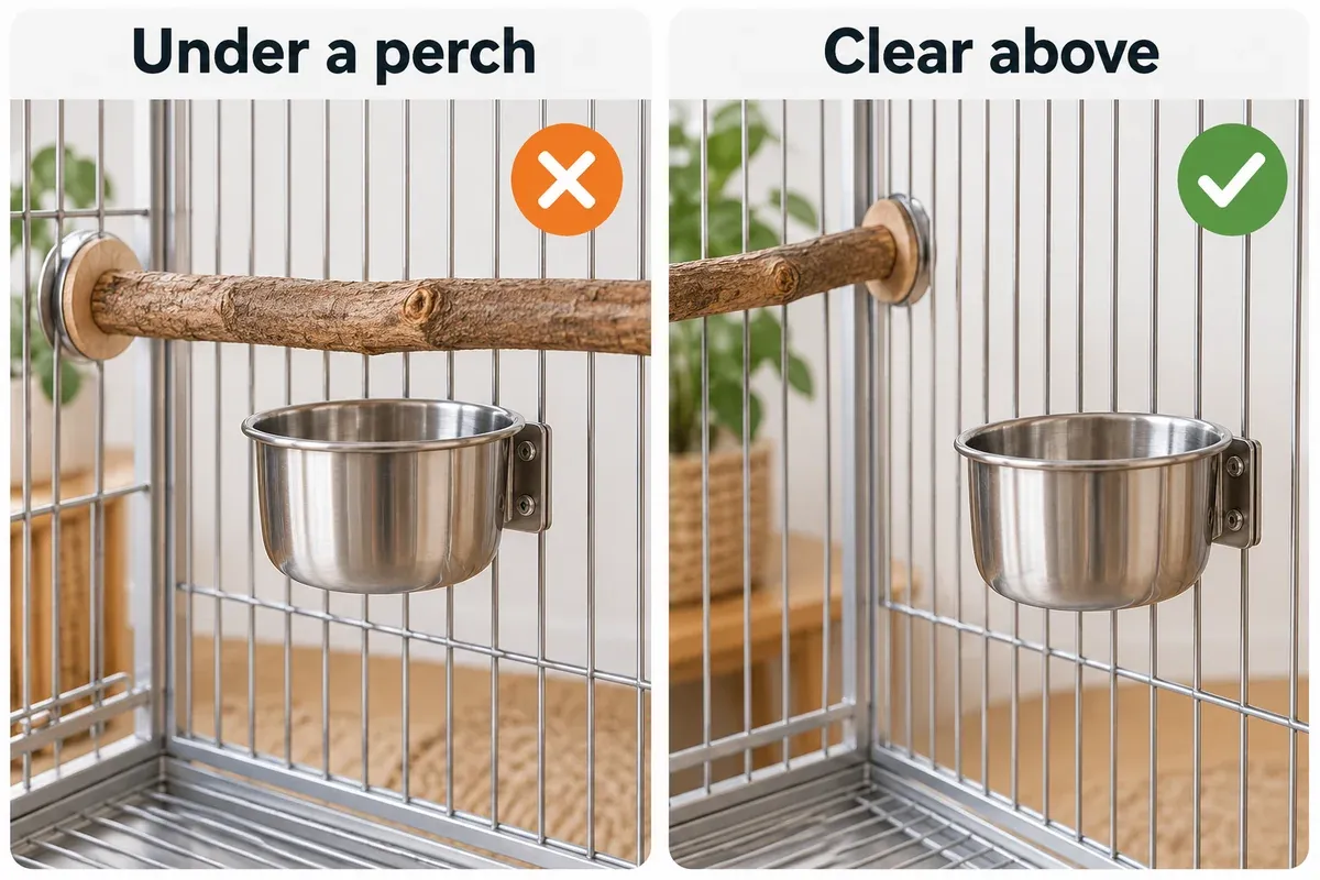 Two cage close-ups compare a feeding cup beneath a perch with a side-mounted cup that has clear space above.