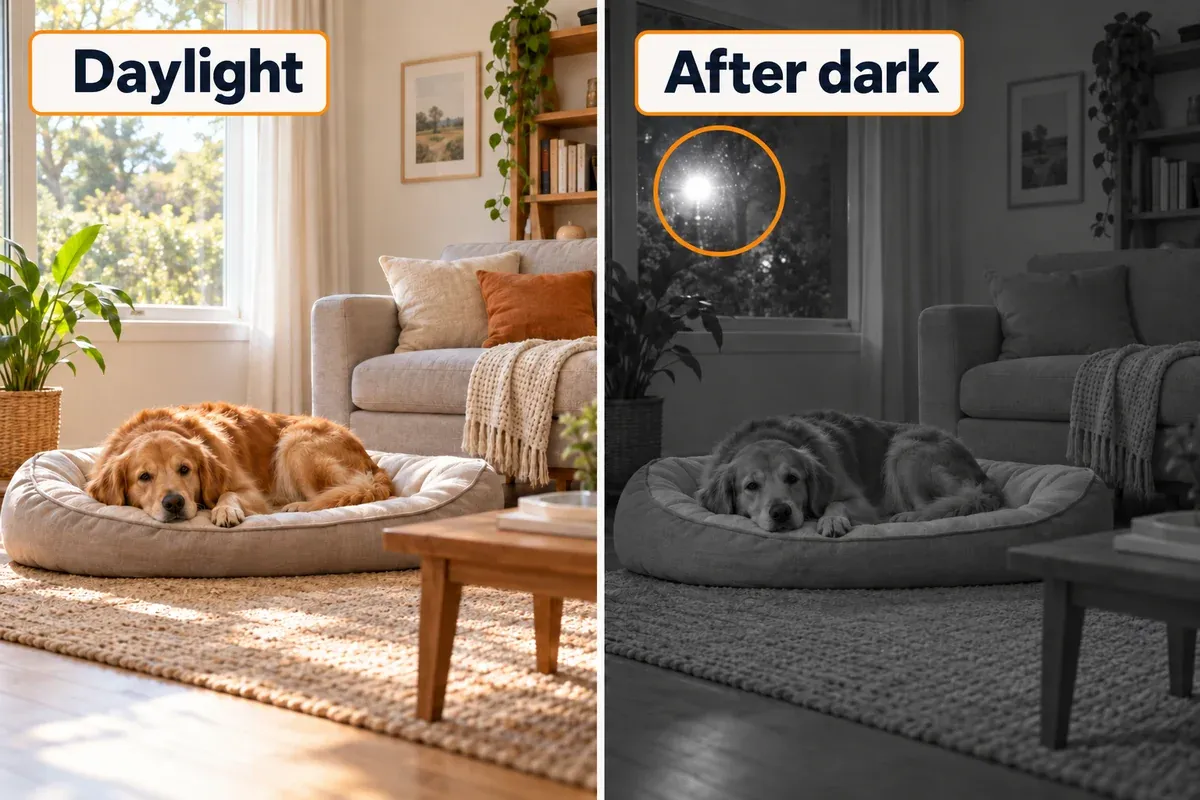 Illustrated room views in daylight and darkness, with glare at the window.