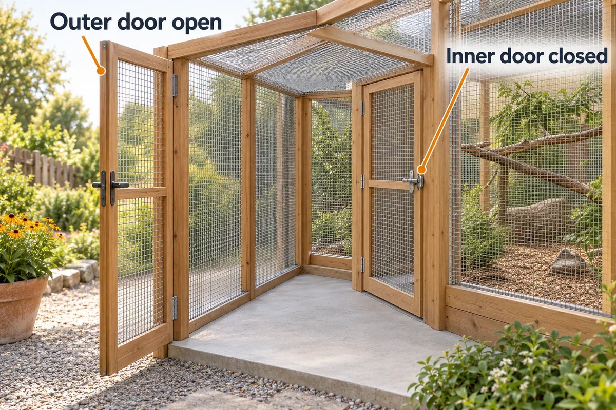 An aviary safety porch with its outer entry open and its inner door closed, separating the garden from the flight area.