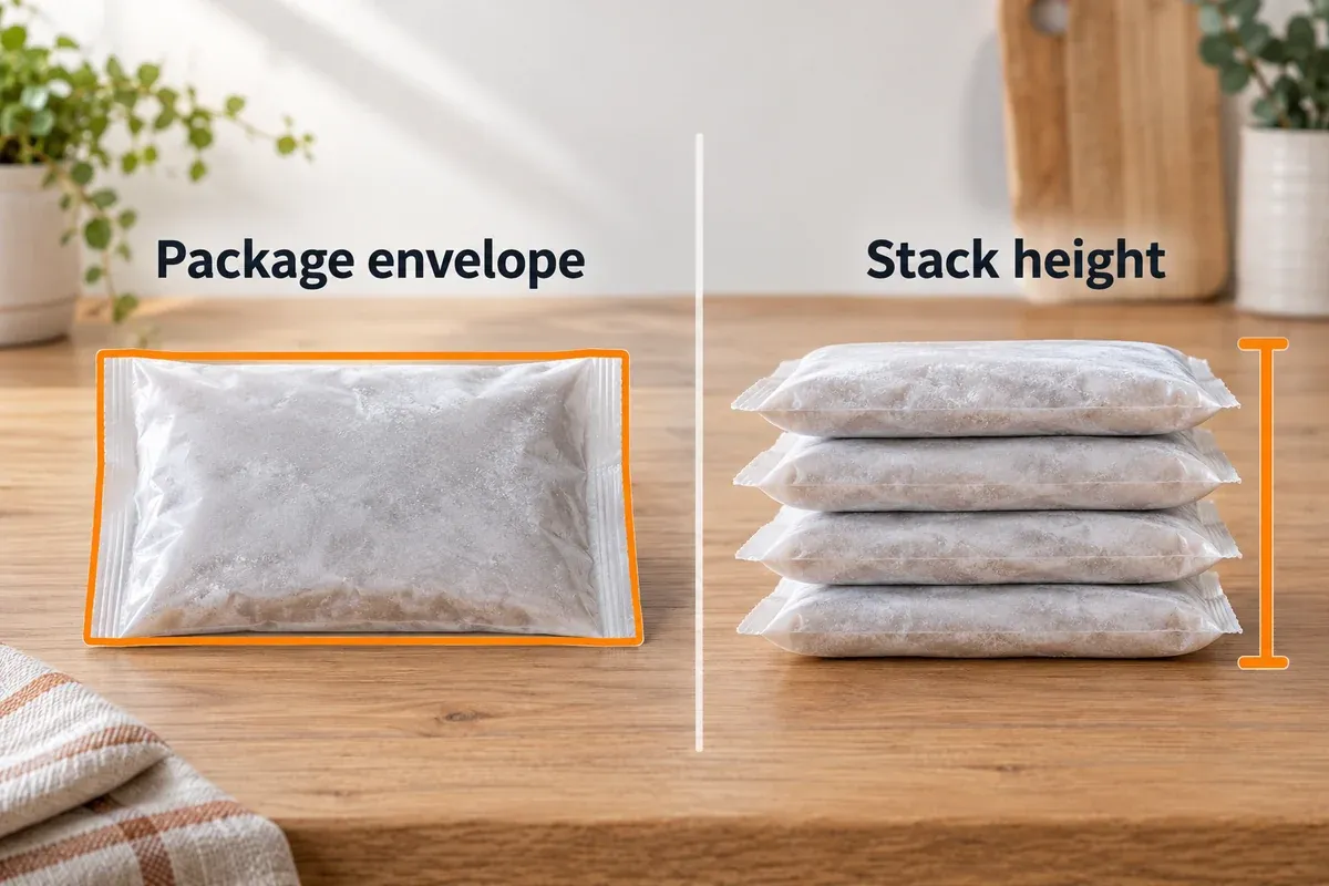 Sealed frozen pouch with its outside package envelope highlighted beside a four-pouch stack.