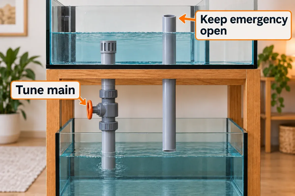An example Herbie overflow with a low submerged main siphon, a tuning valve, and a higher unrestricted emergency drain.
