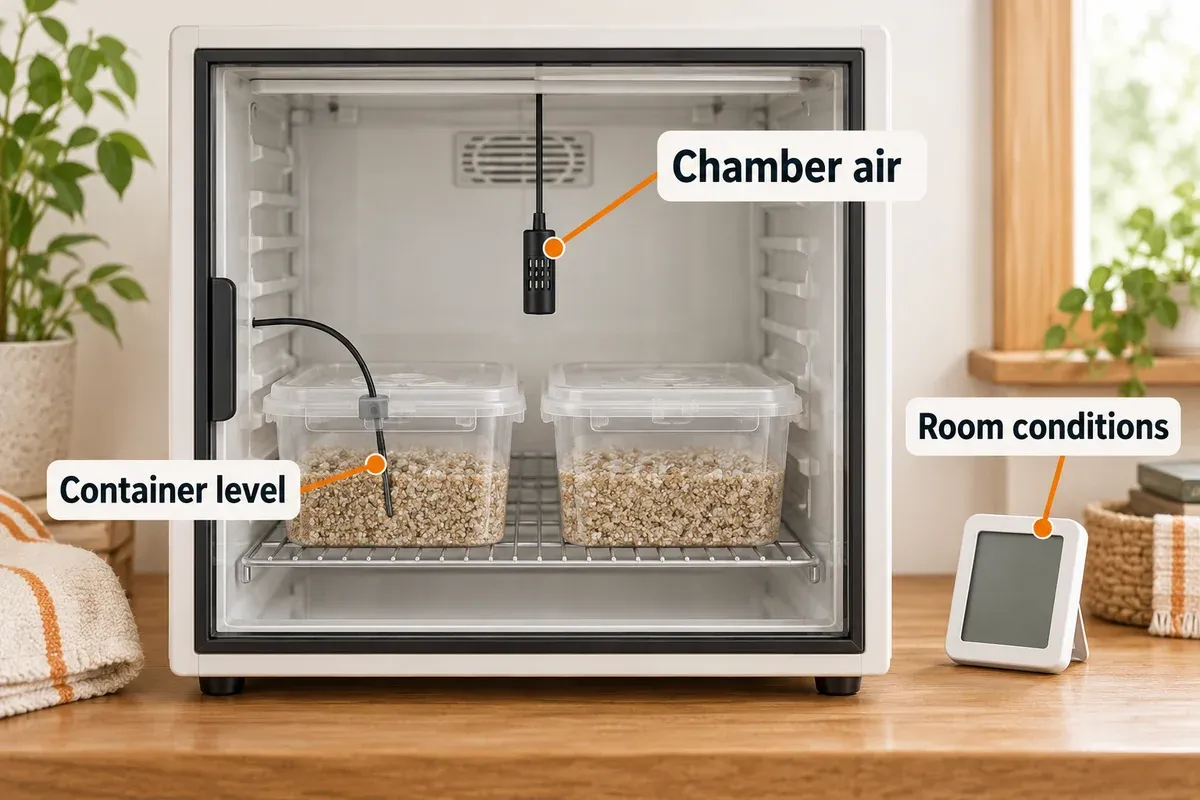 Egg-free incubator trial showing separate chamber-air, sample-level and room measurement positions.