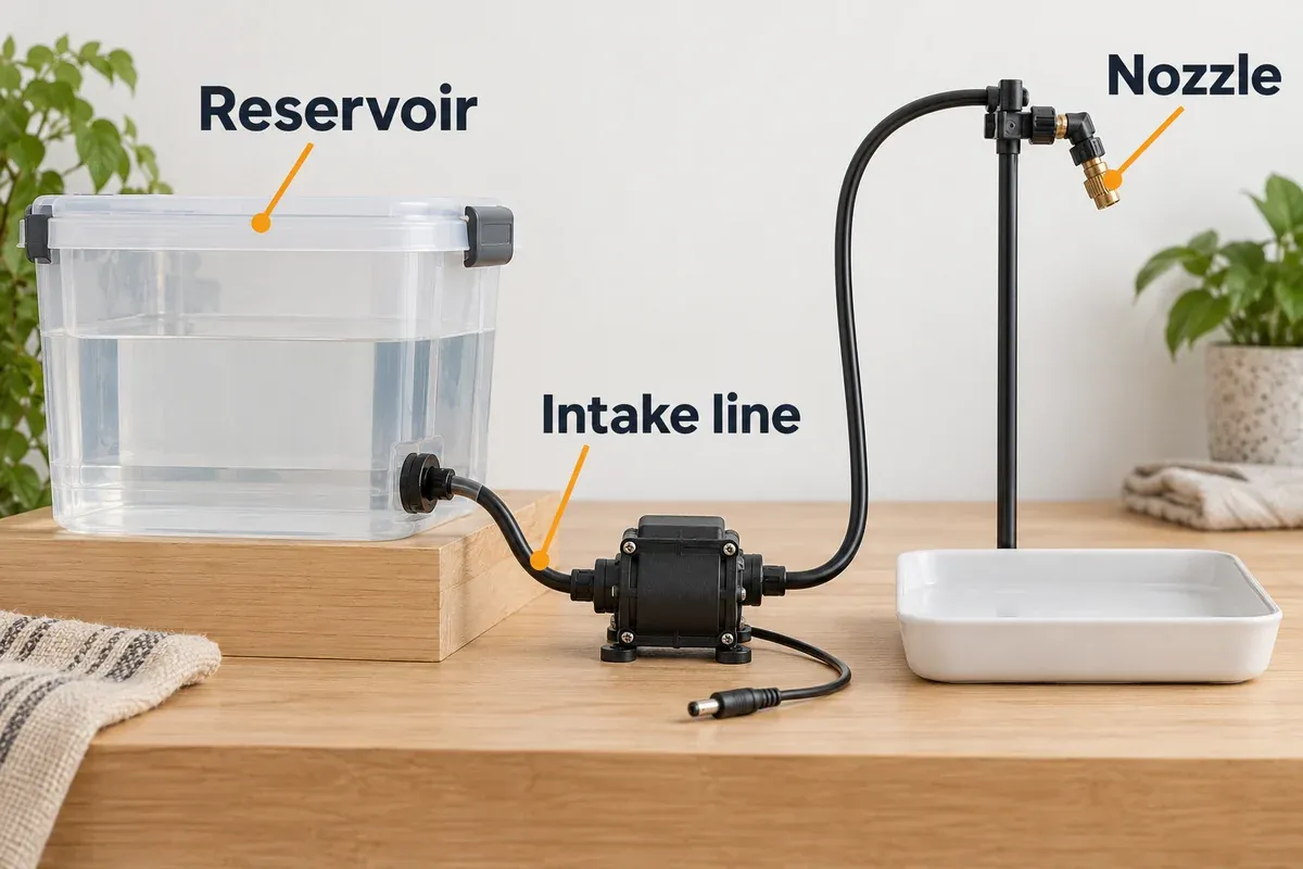 External-pump misting example with a reservoir bulkhead, intake line and raised nozzle.