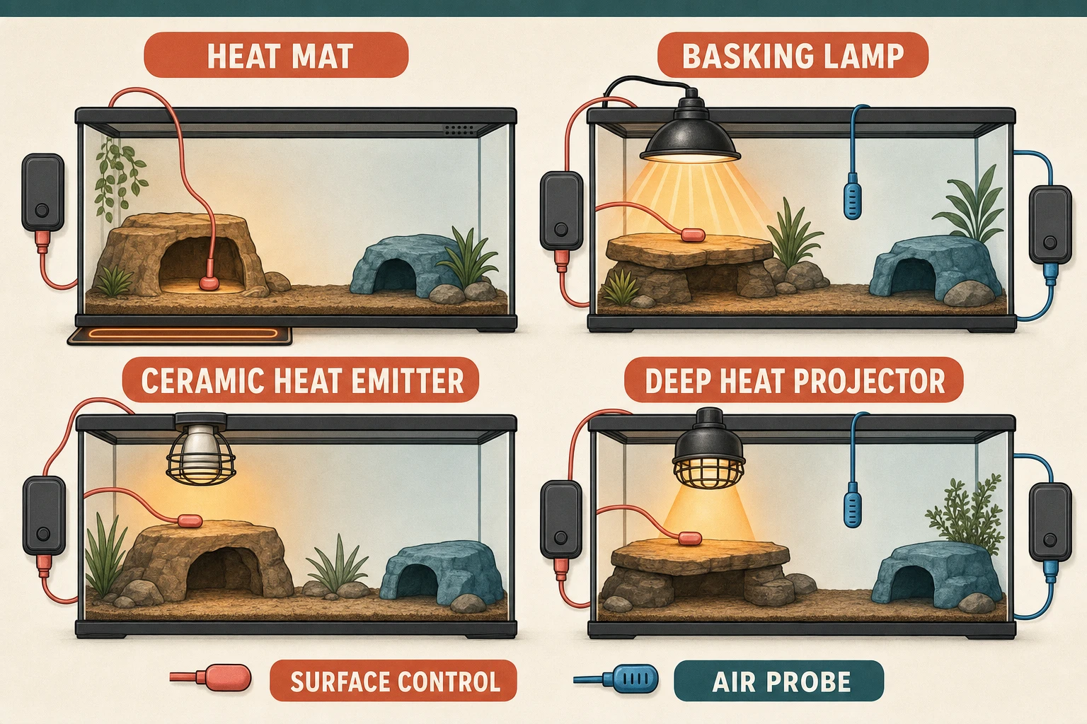 Four illustrated reptile thermostat probe-placement diagrams showing a heat mat, visible basking lamp, ceramic heat emitter, and deep heat projector, with surface-control and air-probe examples