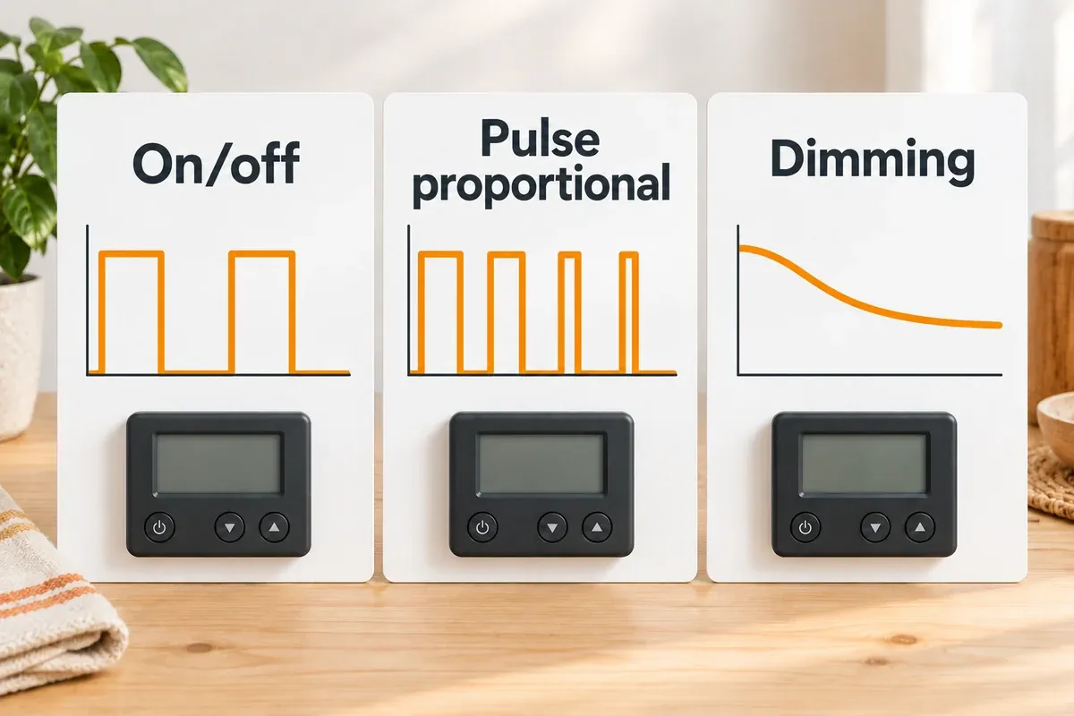 Conceptual comparison of on/off blocks, proportional pulses and smoothly adjusted dimming output.