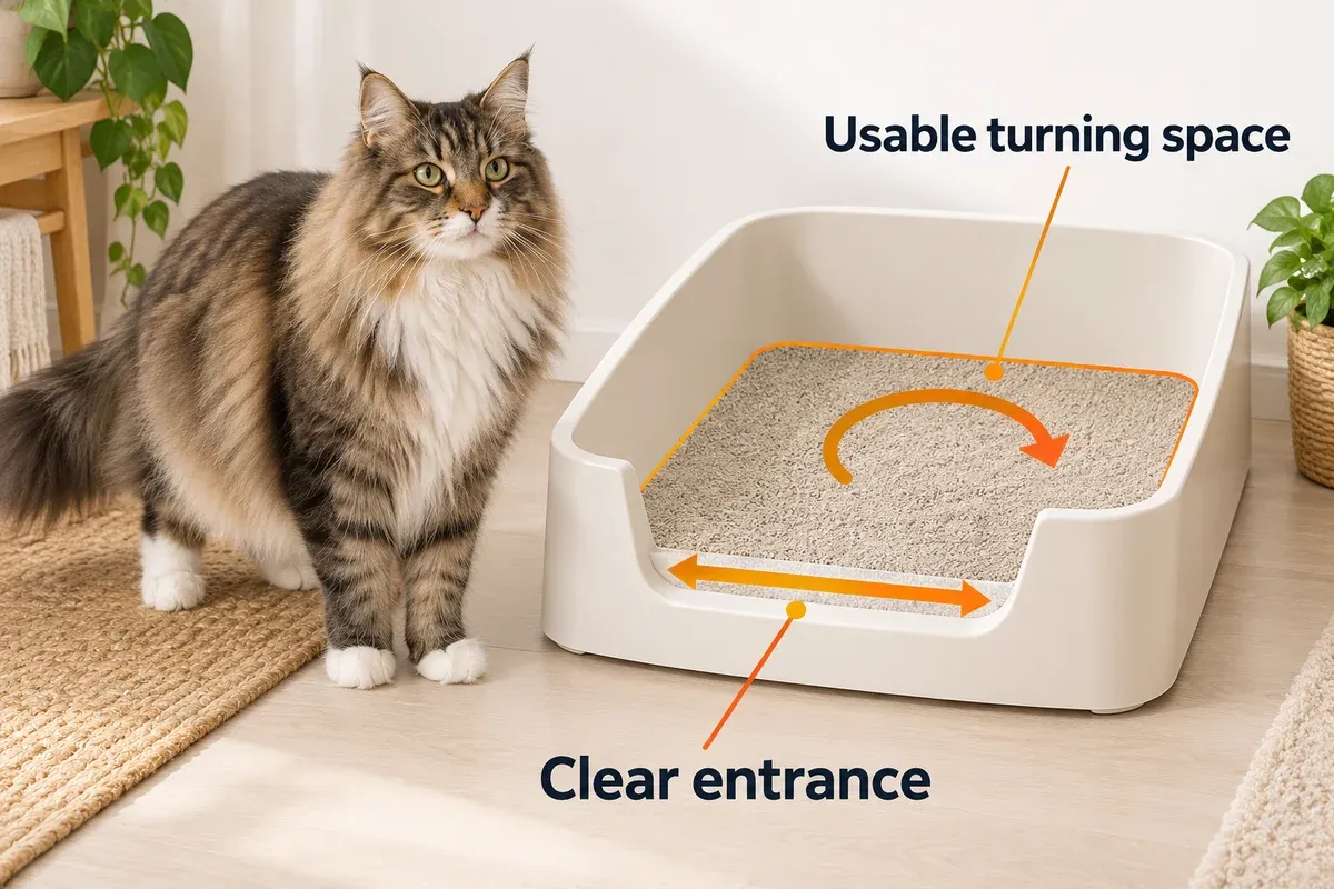 Large cat beside a generic open litter tray with entrance width and usable turning space highlighted.