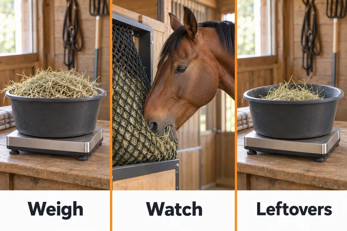 A slow-feeder trial with hay weighed before feeding, a horse observed eating calmly and clean leftover hay weighed afterward.