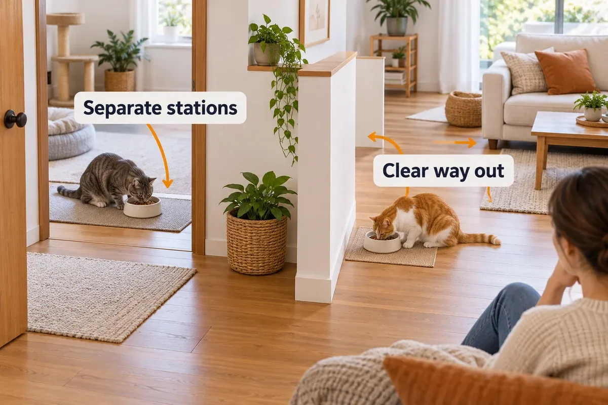Two cats eating at visually separated stations with open routes away from each bowl.