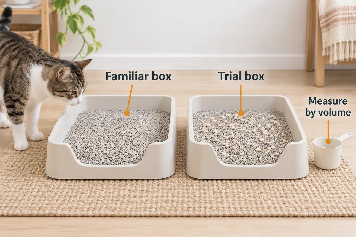 Familiar clay-litter box beside a separate trial box with a volume scoop for gradual tofu-litter mixing.