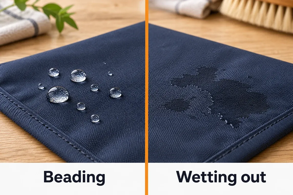 Two clean horse-blanket shell samples showing water beading on the surface and water spreading into a darker wet patch.