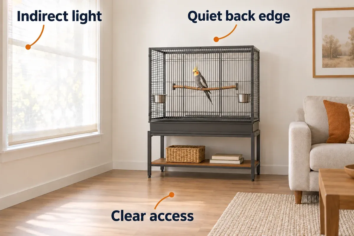 A roomy bird cage beside a quiet wall with indirect daylight, a clear approach, and open space around it.