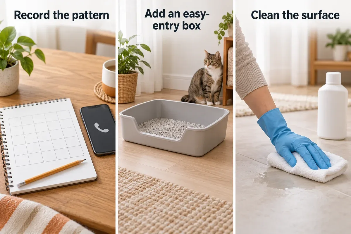 Three supportive steps: note the pattern, offer an easy-entry box, and clean the affected surface.