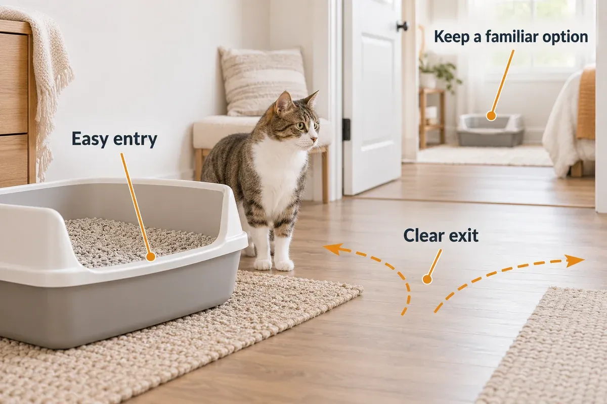 Accessible open litter-box setup with a low entry, a clear exit and a familiar box elsewhere.