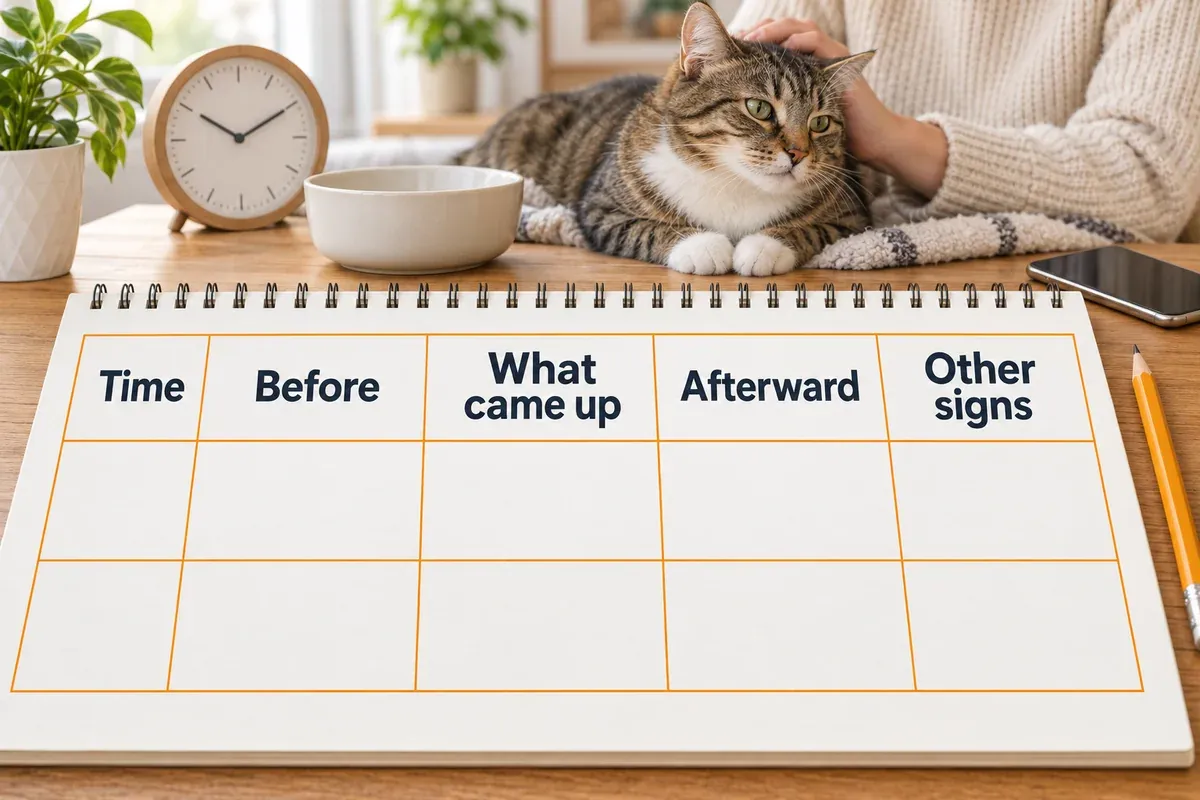 Blank five-column episode log for time, events before vomiting, what came up, afterward and other signs.