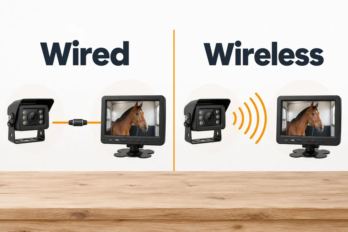 Two illustrative camera-to-monitor video paths: a continuous cable for wired video and a radio link for direct wireless video.