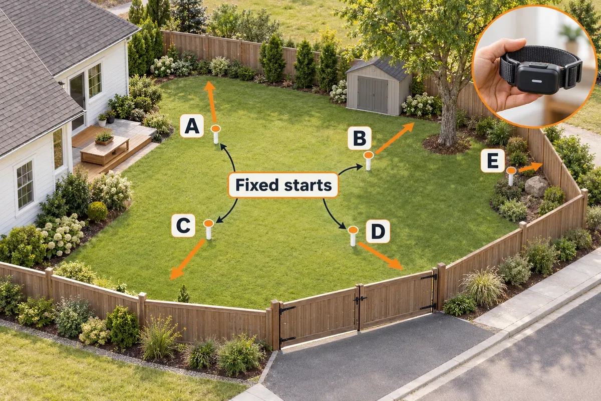 Yard sketch with fixed starting points and repeatable outward approach paths A through E.